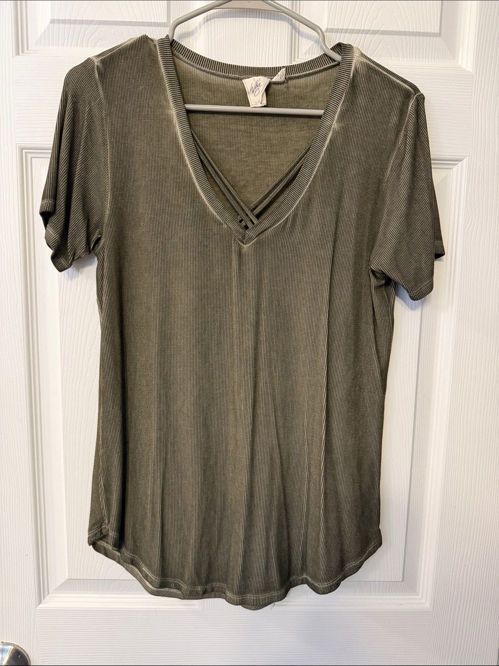 White Crow Olive Short-Sleeve V-Neck Tee with Strappy Detail